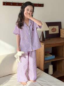 Dazy Kids 女童格子短袖睡裤套装，春夏款 - 紫色 - 查看 6