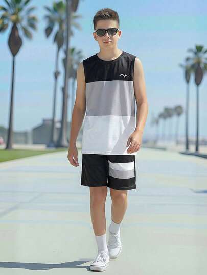 Fantacosmos 2件套青少年（男童）休闲运动黑白灰拼接无袖背心和短裤套装，春夏款