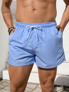 VIVINTIMO 男士夏季度假印花抽绳腰沙滩短裤，夏威夷风 - 淺藍色 - 查看 1