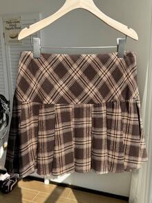 Comfortcana 大码女式休闲格子印花迷你百褶裙，春季/假日 - 棕色 - 查看 2