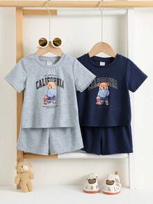 SHEIN 4pcs Baby Boy Bear Print Top And Shorts Set,Cute Navy Summer Casual Family Matching Round Neck Short Sleeve T-Shirt Cartoon Sets For Toddler Boys - Multicolor - View 5