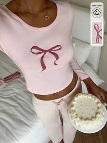 CovetEZ Women's Spring 2026 New Fashionable And Versatile Sweet Casual Pink Bow 3D Print Slim Fit Casual Long Sleeve T-Shirt. (Keywords: Spring Outfit, Women's Valentine's Day, Valentine Outfits For Women, Valentine Outfits For Women, Casual Blouses For Women, Graphic Tee, Graphic Tees, Women's Pink Top) Light Pink Clothes - Pink - View 5