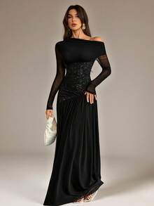 SHEIN Tall New Style One-Shoulder Long-Sleeved Contrasting Mesh Embroidery Asymmetrical Hem Splicing Super Long High Elastic Slim Dress Elegant And Romantic Black Dresses For Women Off Shoulder Formal Dress Long Sleeve Formal Dress Black Formal Evening Gown Long Black Elegant Dress - Black - View 5