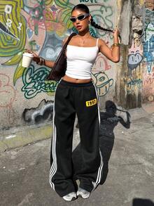SHEIN Muchic Women's Sportswear Black Knit Sweatpants With White Striped Webbing, Casual Wide-Leg Sweatpants With Printed Lettering. - Black - View 5