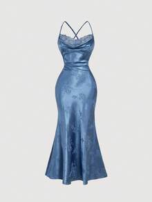 SHEIN MOD Romantic Elegant Draped Neck Lace Panel Mermaid Satin Long Dress In Blue – Beachwear, Bohemian Style, Perfect For Spring Break, Birthday, Party, Graduation, Prom, Festival, Vacation, Date, Picnic, And More.Blue Satin Midi Dress Floral Jacquard Pattern Spaghetti Straps Cowl Neckline Lace Trim Artistic Detailing Elegant Silhouette Flared Hem Lightweight Fabric Subtle Sheen Vintage Inspired Soft Texture Delicate Appearance Refined Shape Classic Style Sleeveless Graceful Drape Flattering Fit,Summer Holiday Outfits, Vacation Outfits , Carnival Costume , Valentines Day Outfit  , Valentine Outfits For Women , Summer Outfits , Spring Break Outfits - Blue - View 2