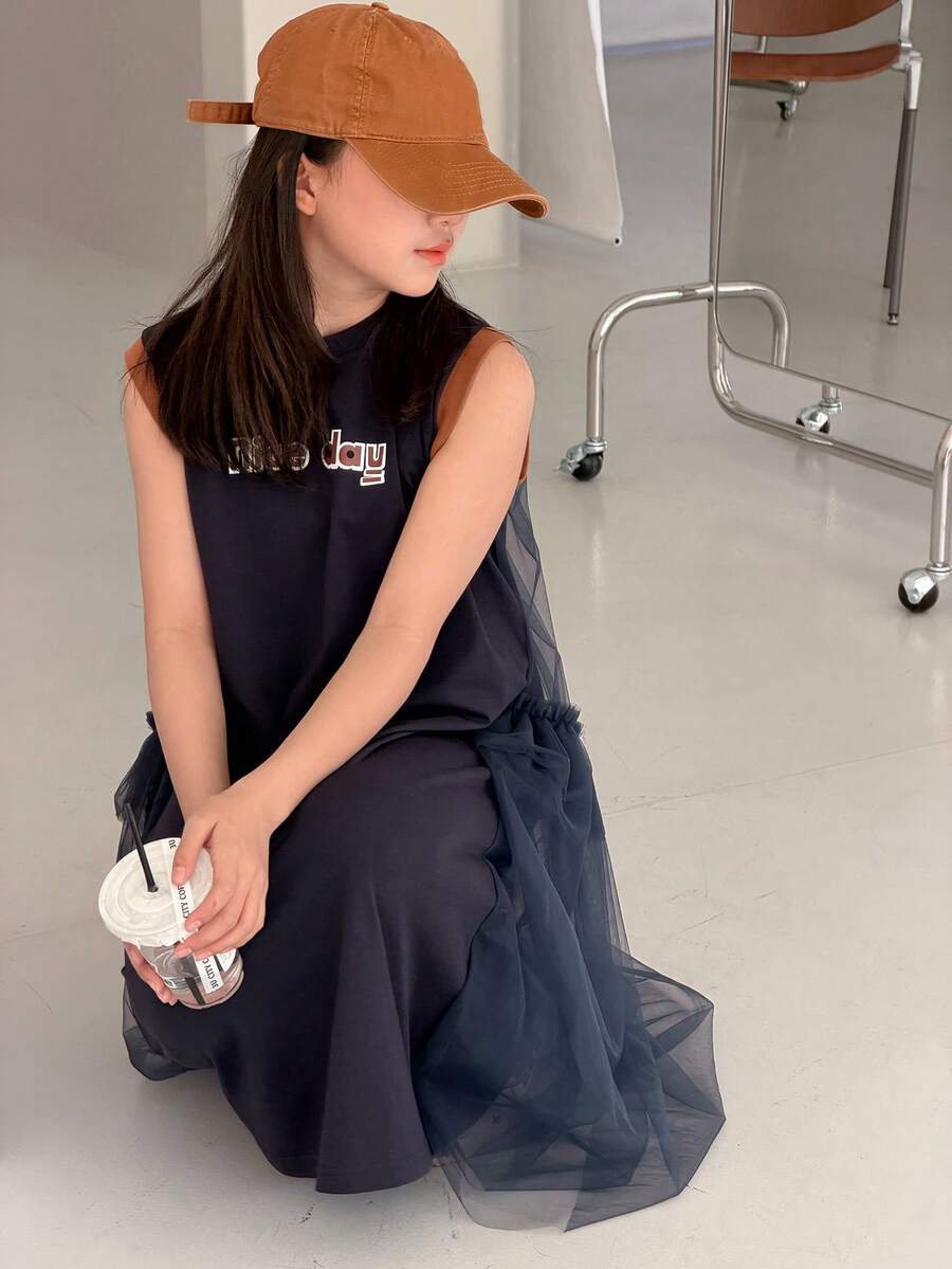 DAZY 少女休闲日常字母图案网纱拼接连衣裙，夏季 - 藏蓝色 - 查看 1