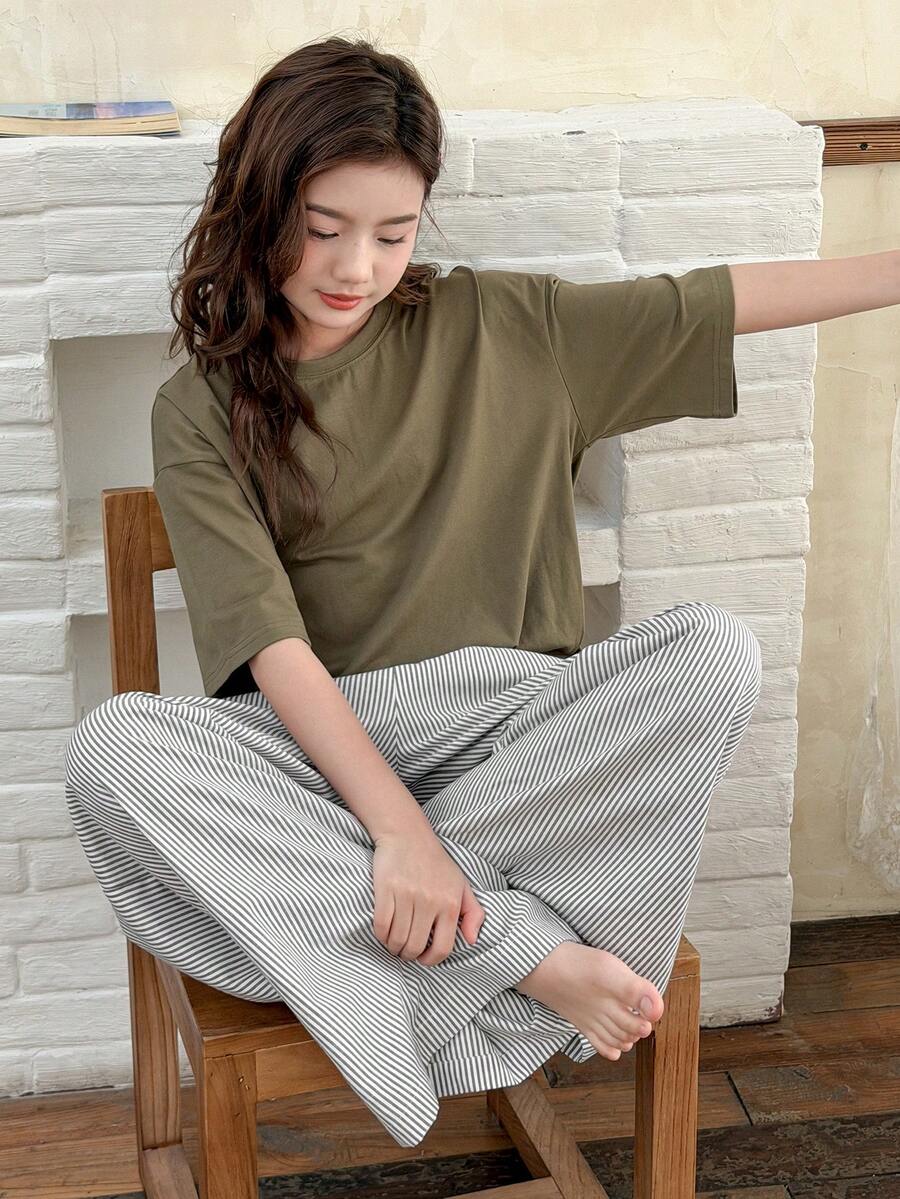 DAZY Tween Girl Solid Color Round Neck Drop Shoulder T-Shirt And Striped Pants Pajama Set - Army Green - View 1