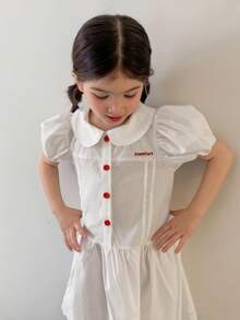 DAZY Young Girl Peter Pan Collar Short Puff Sleeve Button Design Cute Dress - Beige - View 7