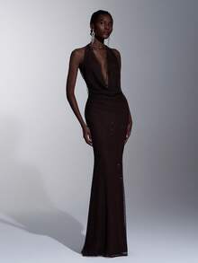 Elitara Elegant Sexy Backless Sequins Embroidered Plunging Neckline Mermaid Hem Dress, Suitable For Festivals, Weddings, Galas, Concerts, Business Events, And Social Media Influencer Activities - Coffee Brown - View 5