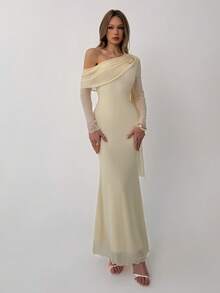 Aloruh 杏色长袖露肩系带针织连衣裙，优雅长裙 - 杏色 - 查看 6