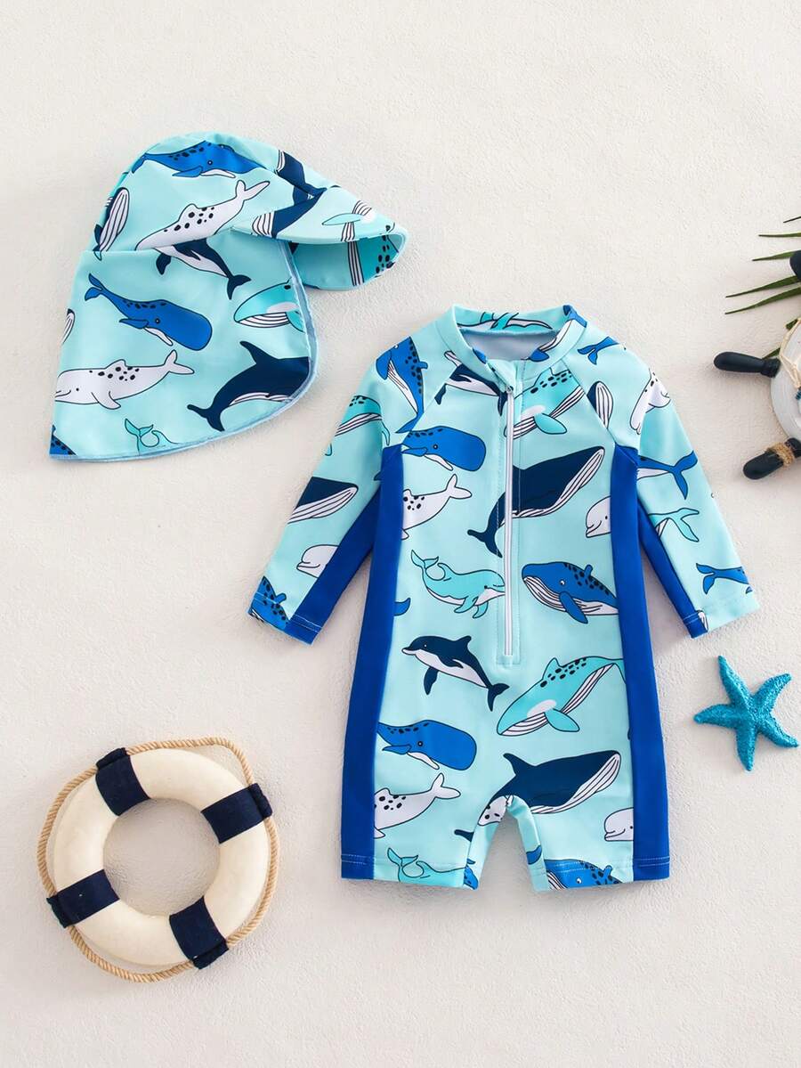 2pcs Baby Boy Swimsuit Set,Whale Cartoon Long-Sleeved Rash Guard With Hat,UPF Sun Protection,Cute Summer Holiday Beach Wear,Aqua Blue Kids Swimwear