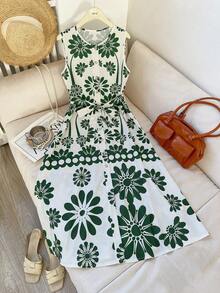 GlowEve Women's Vacation Style Placement Print Round Neck Sleeveless Waist Tie A-Line Dress - Multicolor - View 3