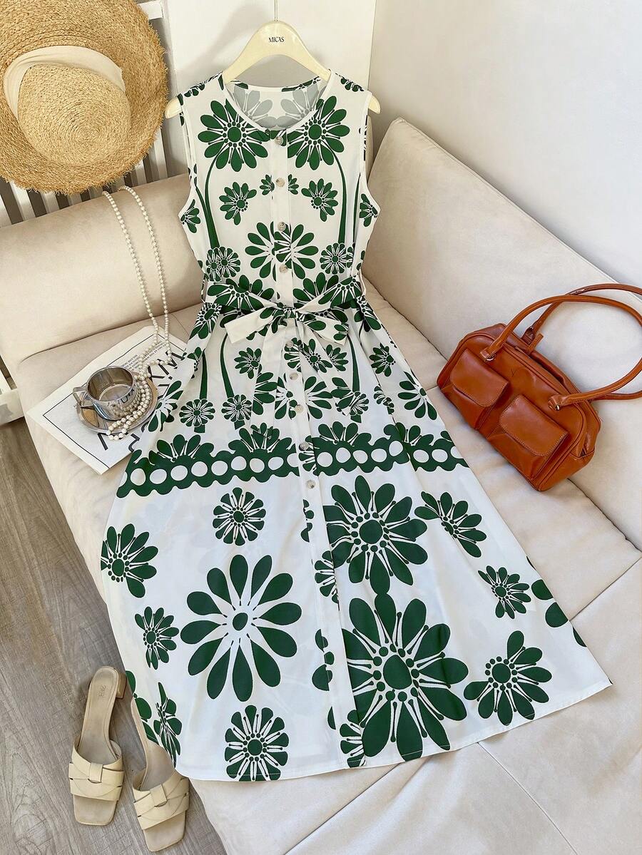 GlowEve Women's Vacation Style Placement Print Round Neck Sleeveless Waist Tie A-Line Dress - Multicolor - View 1