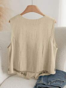 CosyJoli Frenchy 女士无袖休闲衬衫，简约时尚，适合日常穿着，春夏款，心形图案印花，情人节必备，浪漫优雅，无袖上衣 - 卡其色 - 查看 2