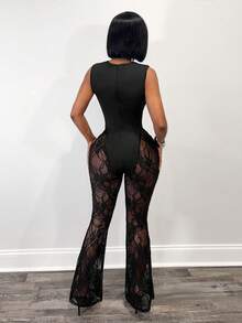 SHEIN BamGlam 新款性感透视镂空蕾丝修身连体裤 - 黑色 - 查看 2