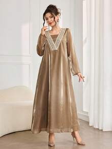 Al Najma Women's Retro Elegant V-Neck Sequin Embroidered Silky Flowy Loose Everyday Abaya Dress - Brown - View 8