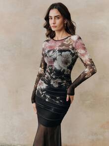 Anewsta Women's Elegant Black Floral Mesh Floral Print Round Neck Long Sleeve Fishtail Hem Slim Fit Autumn Party Night Maxi Sheer Dress - Black - View 6
