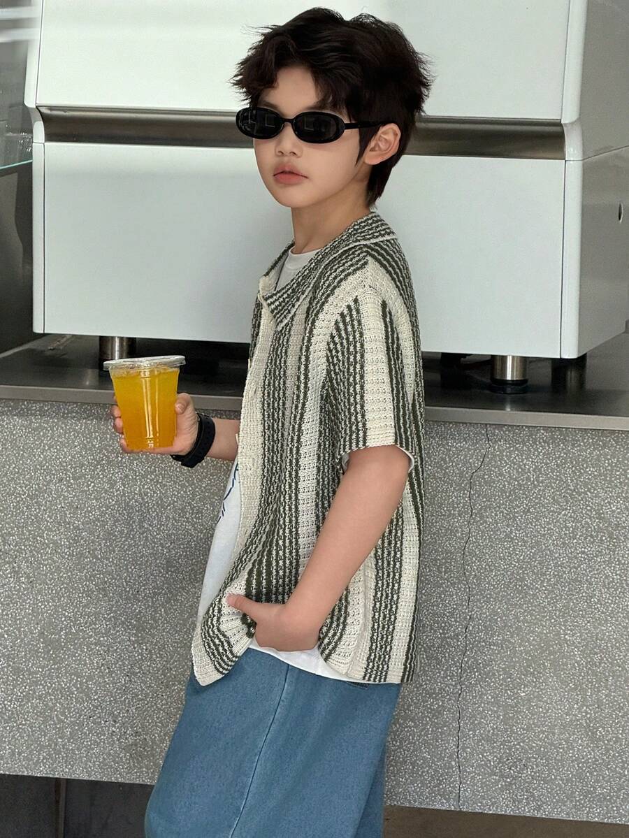 Dazy Kids 青少年男童条纹短袖单排扣休闲宽松T恤 - 綠色 - 查看 1