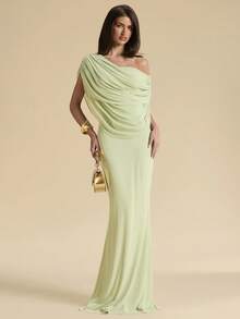 SHEIN BAE Spring/Summer Solid Light Green Ruched One-Shoulder Fitted Elegant Maxi Mesh Dress, Bodycon Fitted Elegant Dress, Flowing Dress - Green - View 2