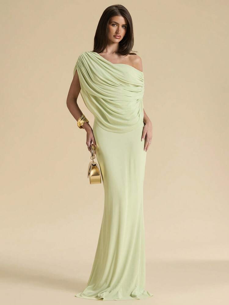 SHEIN BAE Spring/Summer Solid Light Green Ruched One-Shoulder Fitted Elegant Maxi Mesh Dress, Bodycon Fitted Elegant Dress, Flowing Dress - Green - View 2