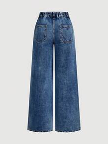 Sweetra Women's Casual Versatile Everyday Wear Denim Wide Leg Pants With Pockets, Button Closure And Heart Embroidery Design - Dark Wash - View 2