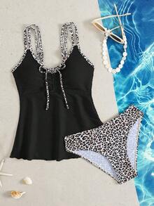 Swim Lushoire 女士夏季沙滩音乐节米色特殊面料豹纹印花飘逸下摆修身打结肩带优雅度假风吊带泳衣套装 - 彩色 - 查看 6