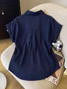 Franclia 大码女式休闲/办公装藏蓝色短袖衬衫，夏季 - 藏蓝色 - 查看 2