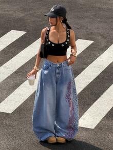StreetHx 女士宽松休闲日常牛仔裤，带腰带环 - 藍色 - 查看 8