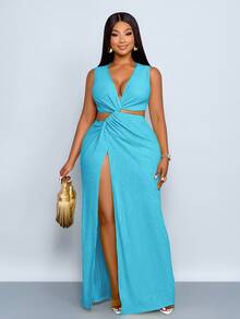 SOLERSUN Plus Size Women's Spring And Summer Solid Color Textured Fabric Waist Hollow Twist High Slit Sexy Long Dress, Beach Vacation - Baby Blue - View 5