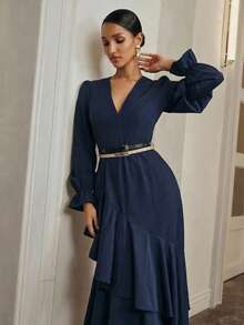 Anewsta Elegant Women's Double Ruffle Hem V-Neck Patchwork Dress - Navy Blue - View 5