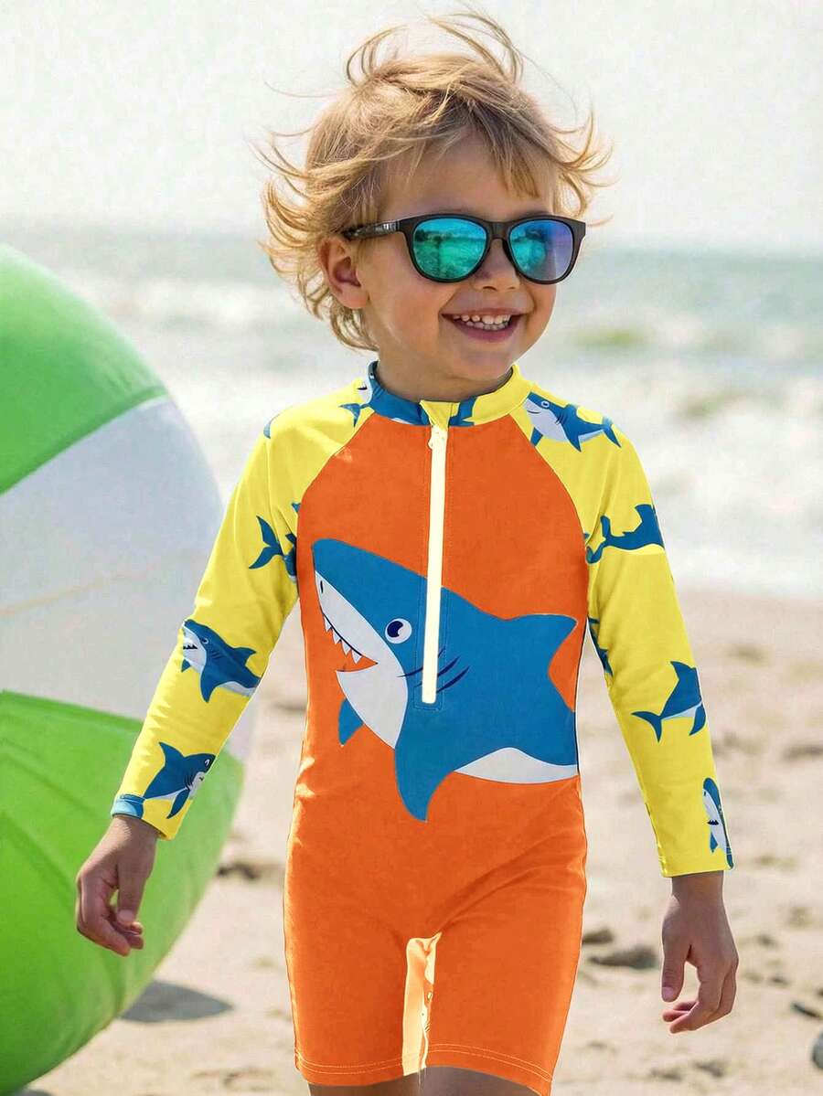 Young Boy Casual Slim Fit Round Neck Long Sleeve One-Piece Swimsuit, Suitable For Summer - Multicolor - View 1
