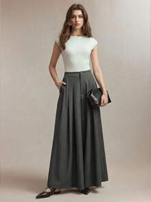 BizChic 2026春夏新款灰色褶裥阔腿裤，显瘦拉长身形，侧边口袋设计，浪漫休闲时尚优雅，适合派对、工作、都市通勤等场合。