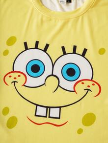 SpongeBob SquarePants | SHEIN 男士趣味卡通图案短袖上衣和短裤家居服套装，夏季 - 黃色 - 查看 4