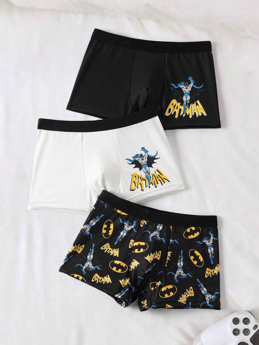 BATMAN X SHEIN 3pcs Tween Boy Cartoon Hero Logo & Letter Graphic Breathable Comfortable Boxer Briefs - Black and White - View 1