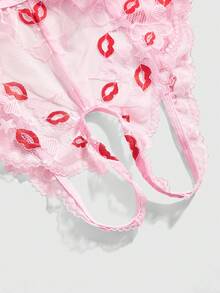 ROMWE Kawaii 女士性感唇印露裆吊带连体裤 - 粉色 - 查看 3