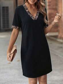 EMERY ROSE Women's Leopard Print & Solid Color Patchwork V-Neck Short Sleeve Dress - Multicolor - View 4