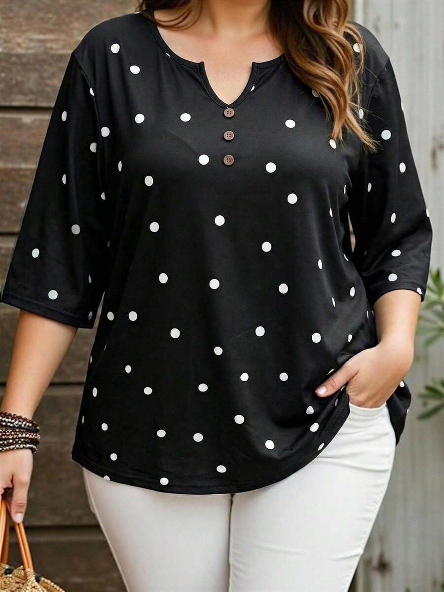 EMERY ROSE Große Größen V-Ausschnitt Dropped Shoulder Lässig Loose Polka Dot T-Shirt - Verschiedenfarbig - Übersicht 1