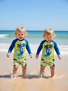 SHEIN 男婴可爱螃蟹印花插肩袖上衣和条纹短裤两件套泳衣，适合夏季海滩、泳池、游泳、水上乐园、冲浪等场合。 - 彩色 - 查看 5