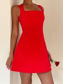 Aloruh Vestido de mezclilla de diseño sin espalda y sin mangas de unicolor de moda para mujer - Rojo - Ver 5