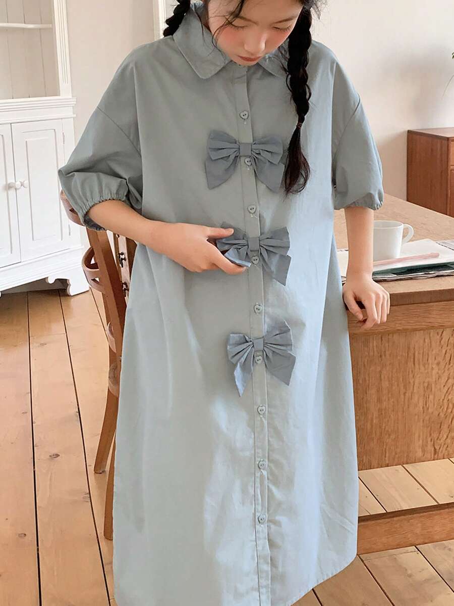 DAZY 少女落肩单排扣蝴蝶结装饰休闲衬衫裙 - 藍色 - 查看 1