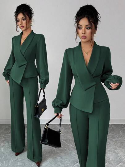 Elenzga 女士优雅休闲通勤度假下午茶聚会纯色不对称交叉领西装外套，灯笼袖搭配松紧腰喇叭裤，适合春、秋、冬季穿着。