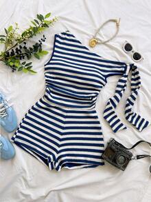 Soleia Vacation Sexy Asymmetrical Shoulder Tie Strap Flowy Fitted Light Yellow Women's Jumpsuit, Suitable For Party, Vacation, Music Festival, Boho, Holiday Date, Afternoon Tea - Multicolor - View 6