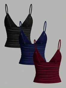 SHEIN EZwear Bộ 3 áo hai dây ôm dáng, xếp ly, có áo ngực tích hợp dành cho nữ, thích hợp cho mùa hè. - Nhiều màu - Xem 2