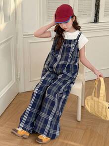 DAZY Tween Girl Plaid Print Casual Versatile Jumpsuit - Navy Blue - View 7