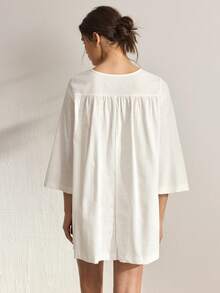 Ocili 100% Cotton Solid 3/4 Sleeve Tie Waist Round Neck Comfortable Women Nightgown - White - View 3