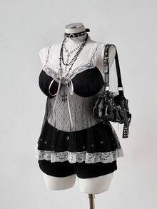 Sunspun 新款优雅甜美蝴蝶结薄纱雪花蕾丝边饰蝴蝶结荷叶边短款吊带背心，春夏秋季 - 黑與白 - 查看 1