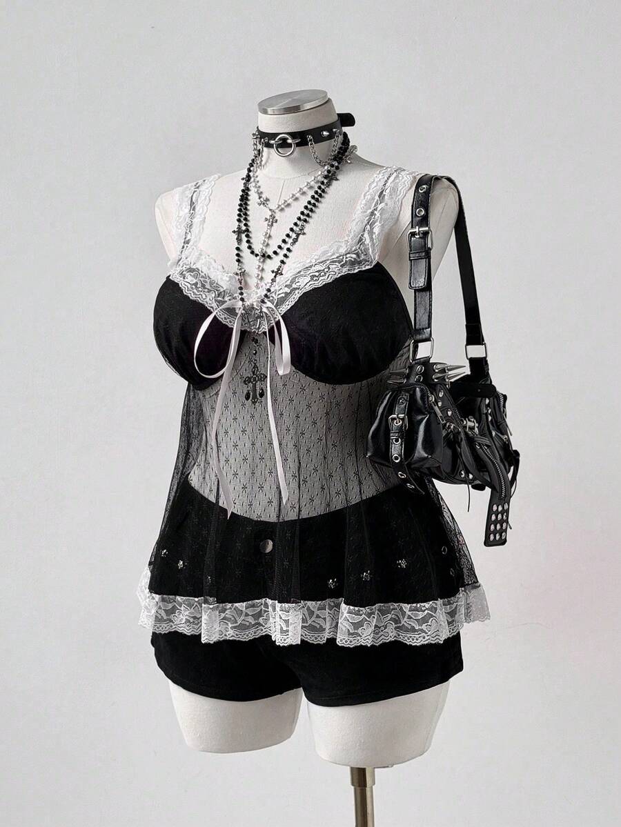 Sunspun 新款优雅甜美蝴蝶结薄纱雪花蕾丝边饰蝴蝶结荷叶边短款吊带背心，春夏秋季 - 黑與白 - 查看 1