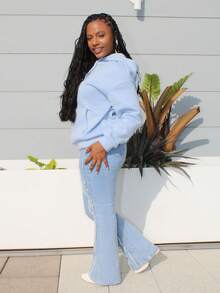 Steph T Slogan Graphic Drop Shoulder Drawstring Thermal Lined Hoodie LOVE YOURSELF,Long Sleeve Tops Graduation,Back To School Outfits,Graduation,Teacher Outfits For Women,Back To School Pullover Fall Outfit - Baby Blue - View 4