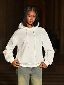 Mima John Casual Minimalist Printed Pattern Hooded Long Sleeve Loose Women Thick Sweatshirt, Autumn/Winter,Long Sleeve Tops Hoodie - White - View 1