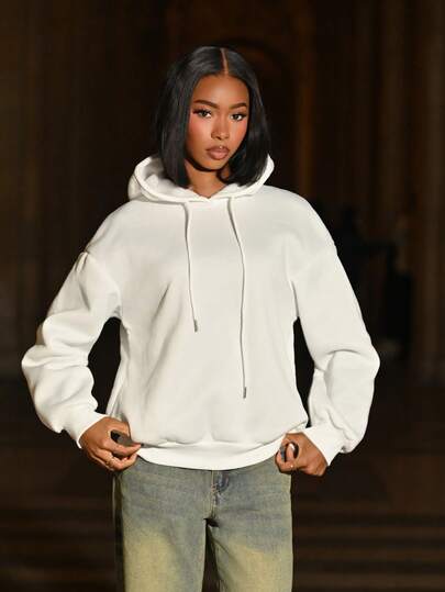 Mima John 休闲简约印花图案连帽长袖宽松女士厚运动衫，秋冬，长袖上衣